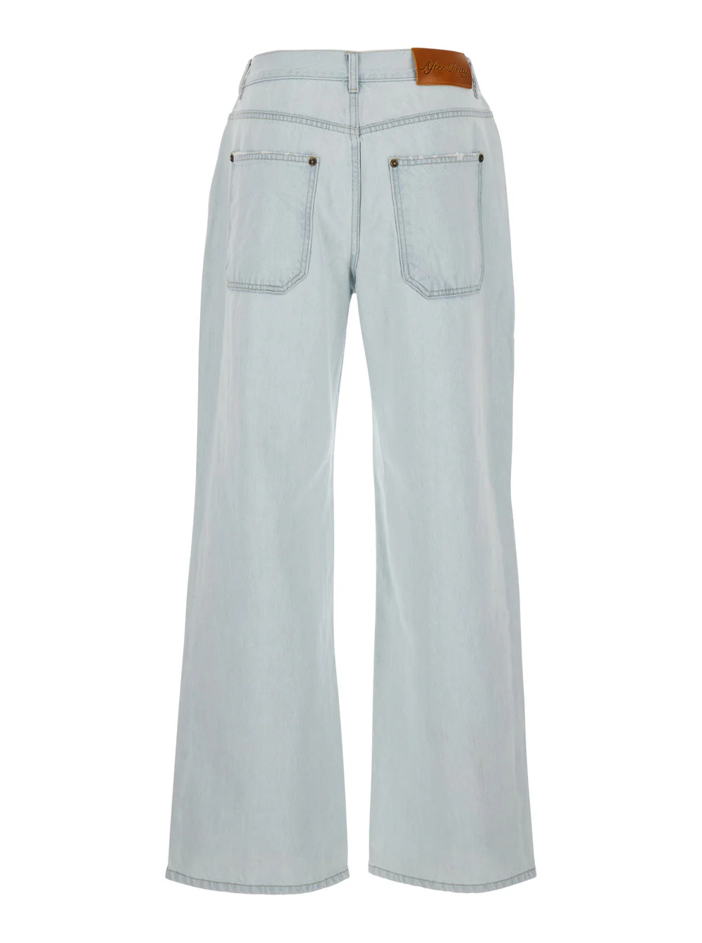 Calças Jeans Azul Claro After Pray com Patch de Logotipo na Parte de Trás e Detalhes Rasgados na Frente em Algodão Denim Calças Jeans Azul Claro After Pray com Patch de Logotipo na Parte de Trás e Detalhes Rasgados na Frente em Algodão Denim