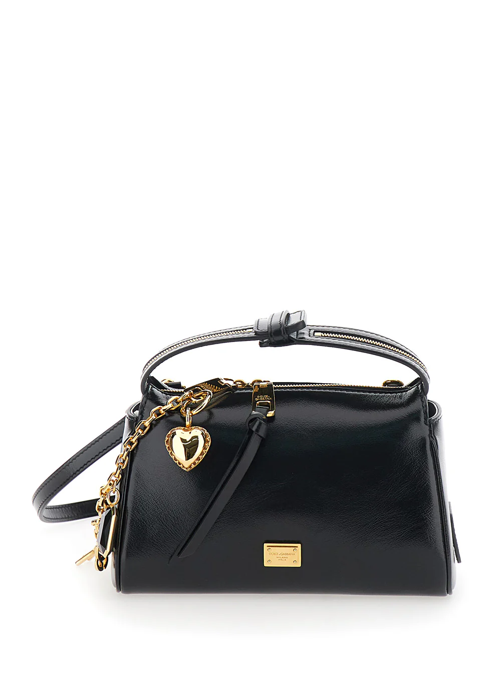 Bolsa de Mão Mini Preta Dolce & Gabbana Vittoria com Detalhe Pendente na Frente e Alça de Ombro de Couro Ajustável e Removível para Mulher Bolsas de Couro de Algodão