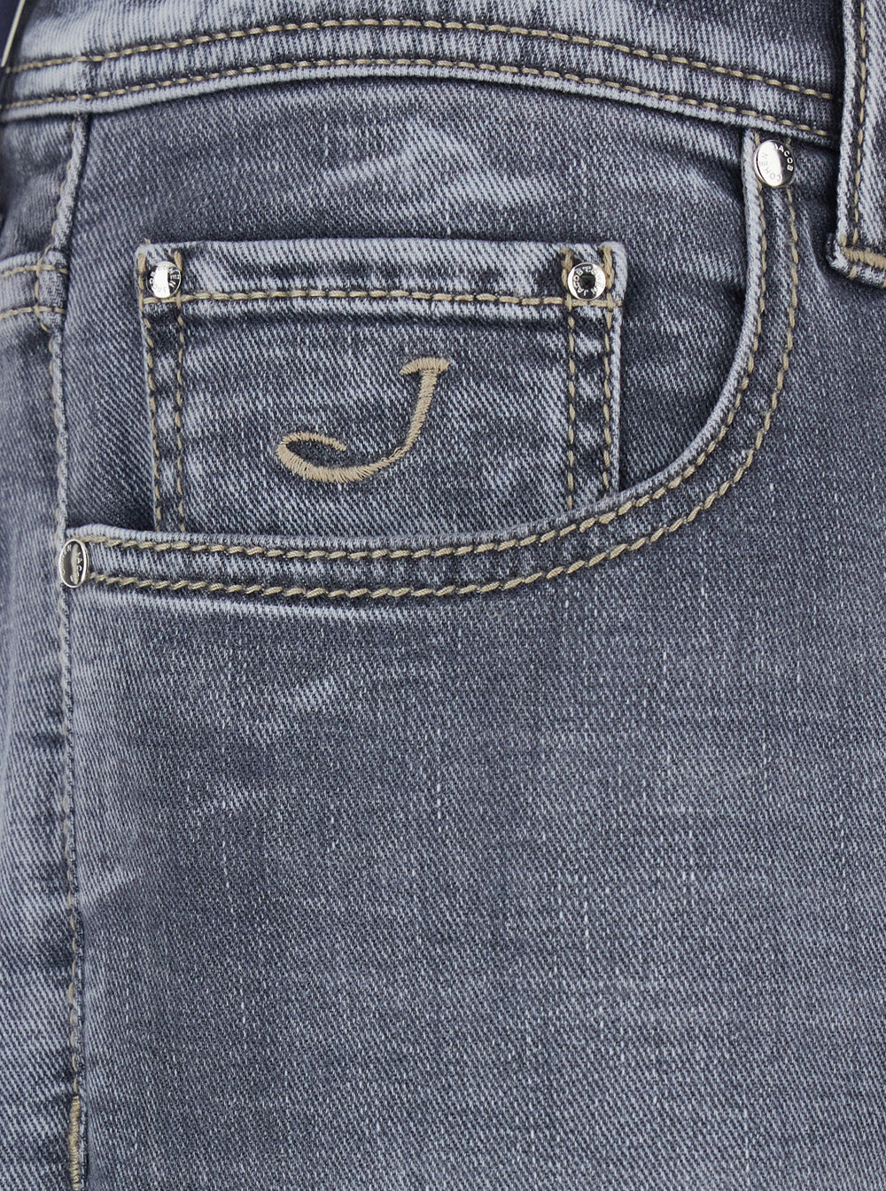 Calças Jacob Cohen Bard com Alças para Cinto e Patch com Logotipo nas Costas em Jeans Preto Desbotado para Homens Cinza Algodão Esmeralda Elastano