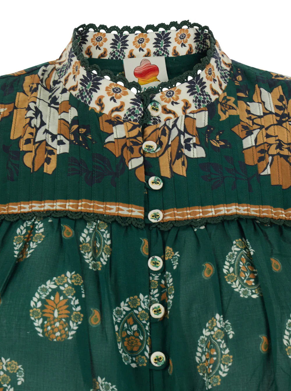Vestido Farm Rio Ayla com Punhos com Botões e Motivo Floral em Todo o Tecido em Algodão Verde para Mulheres Camisas Blusas
