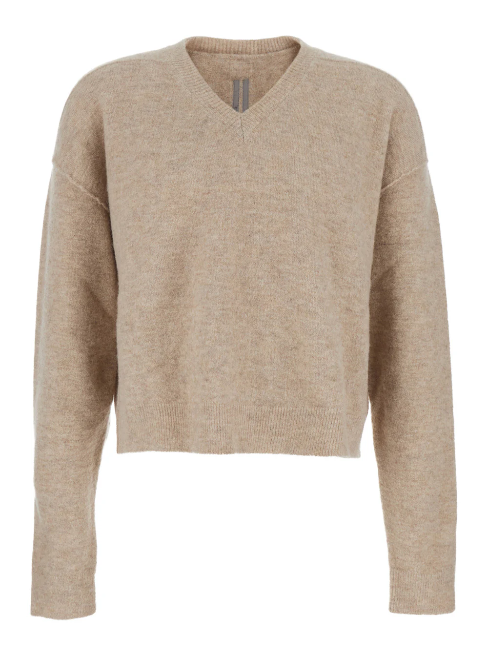 Sweater Bege Rick Owens com Gola em V e Ombros Caídos em Malha de Lã Misturada para Homem com Alpaca, Nylon e Elastano Sweater Bege Rick Owens com Gola em V e Ombros Caídos em Malha de Lã Misturada para Homem com Alpaca, Nylon e Elastano