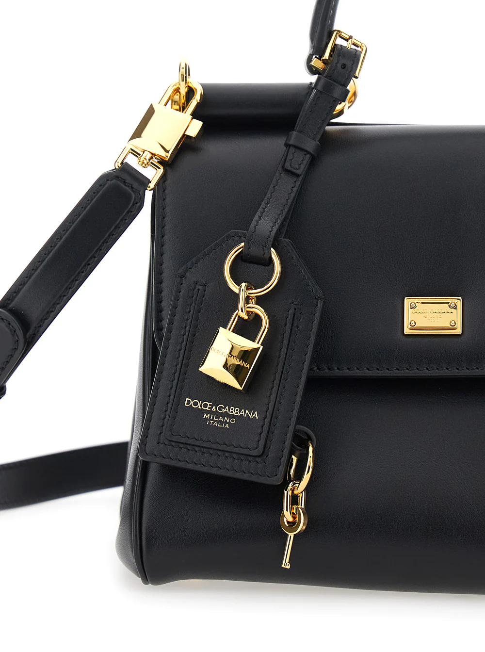 Bolsa de Mão Preta Dolce & Gabbana My Sicily Piccola com Detalhe de Fechadura e Alça de Ombro Ajustável e Removível em Alça de Couro para Mulheres Bolsas de Mão de Calf Pvc