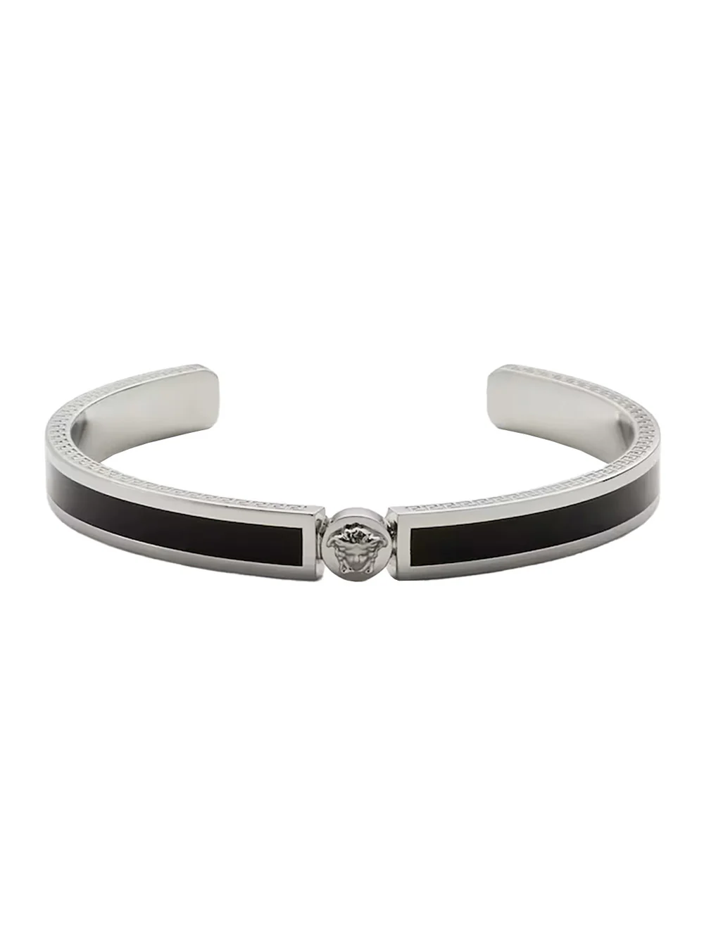 Pulseira Rígida Preto Versace com Placa de Medusa e Gravura Grega em Latão para Homens