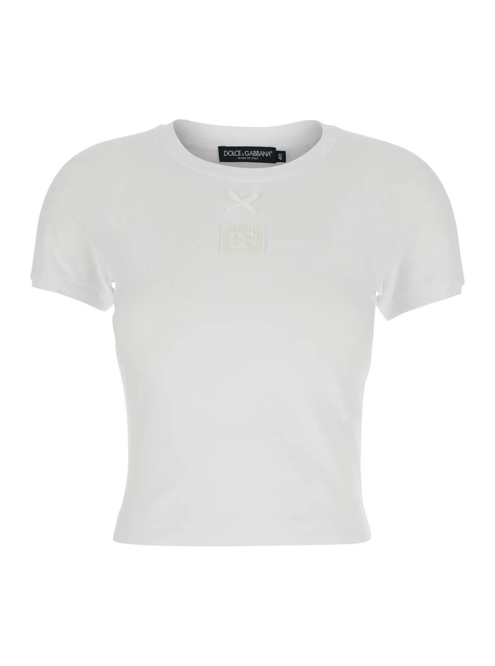 Camiseta Branca de Algodão com Gola Redonda Dolce & Gabbana com Laço e Logotipo na Frente para Mulheres Camisetas Elásticas Camisetas Polo