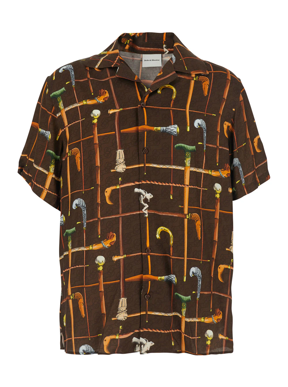 Camisa DrôLe De Monsieur Cannes Marrom com Gola Cubana e Estampa em Todo o Tecido de Viscol para Homens