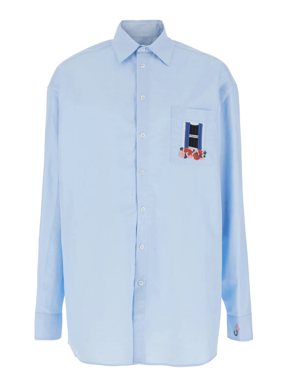 Camisa Azul Claro JW Anderson com Gola Clássica e Detalhe de Bordado no Punho Frontal em Blusa de Homem com Mistura de Linho e Algodão