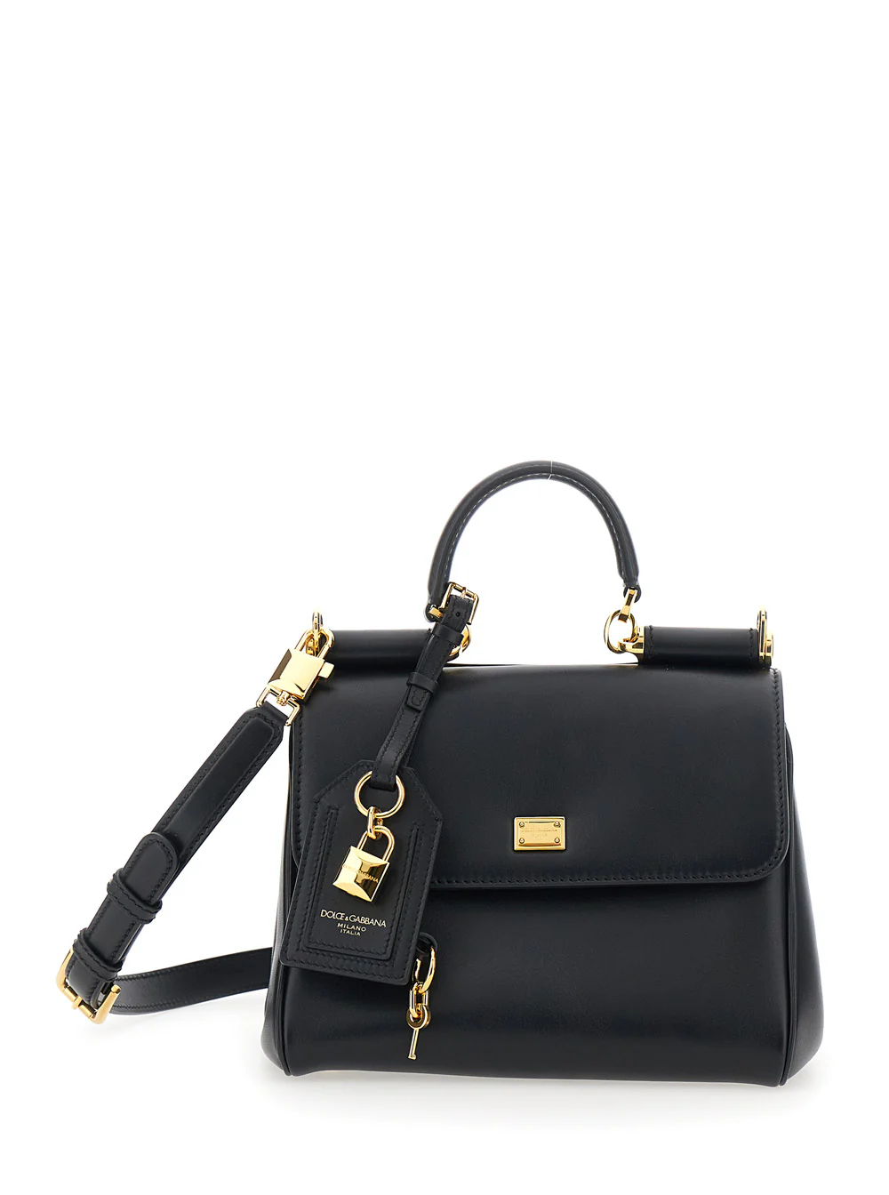 Bolsa de Mão Preta Dolce & Gabbana My Sicily Piccola com Detalhe de Fechadura e Alça de Ombro Ajustável e Removível em Alça de Couro para Mulheres Bolsas de Mão de Calf Pvc