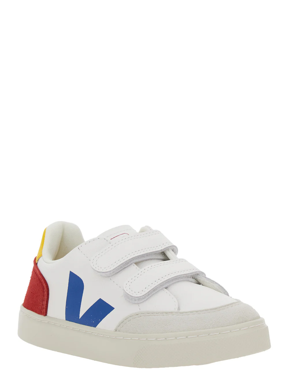 Sapatilhas Veja Kids V-12 Brancas de Bico Baixo com Patch de Logotipo no Lado e Letras em Contraste no Talão em Couro Menino