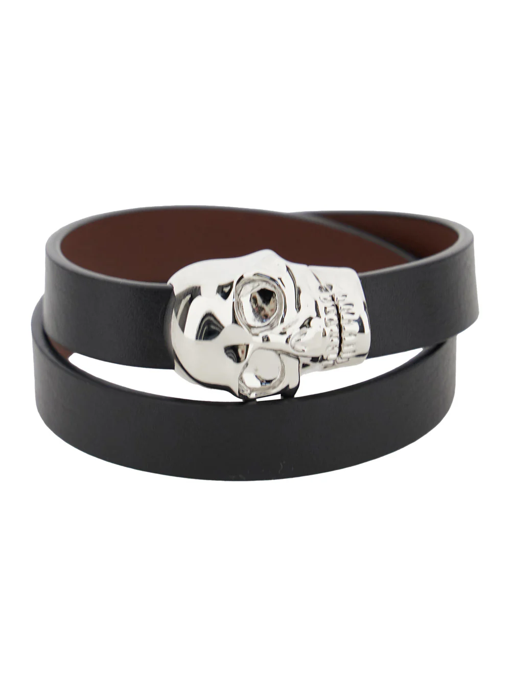Pulseira Preto Alexander McQueen com Detalhe de Caveira em Latão e Couro de Vaca para Homem