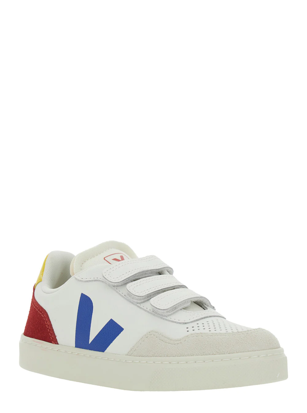 Sapatilha Veja Kids V-90 Low Top com Patch de Logotipo no Lado e Letreiro em Couro Contraste no Taloneira para Crianças Branco Orgânico Rastreado