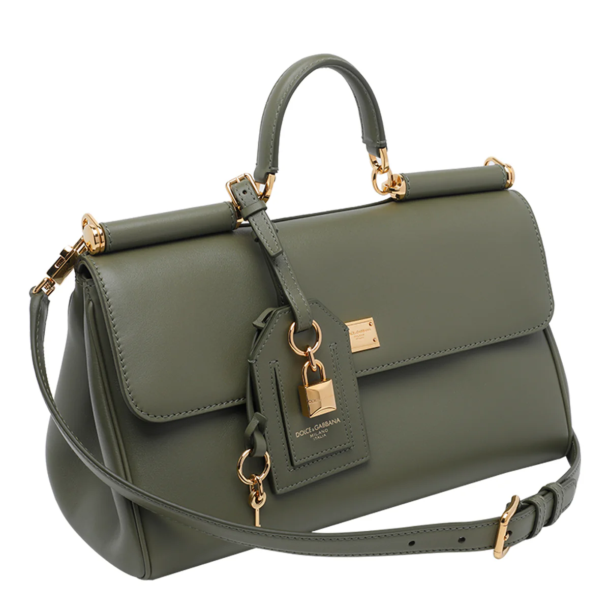 Bolsa de Mão My Sicily Verde Militar Dolce & Gabbana, fechadura push-lock, bolsinho externo com zíper, bolsinho interno com zíper, bolsinho interno aberto, alça de ombro ajustável e removível. Composição: couro de vitela 100%