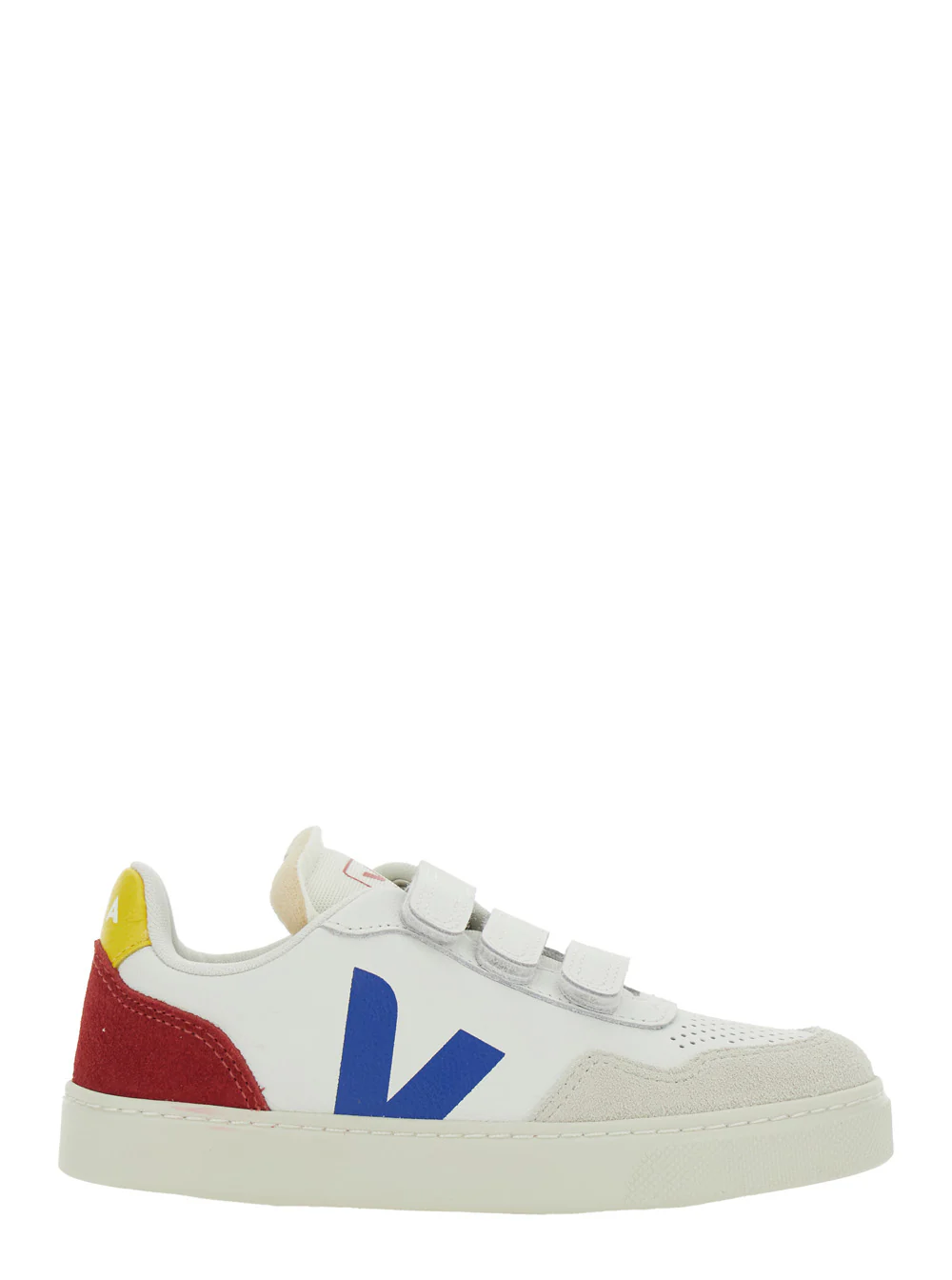 Sapatilha Veja Kids V-90 Low Top com Patch de Logotipo no Lado e Letreiro em Couro Contraste no Taloneira para Crianças Branco Orgânico Rastreado