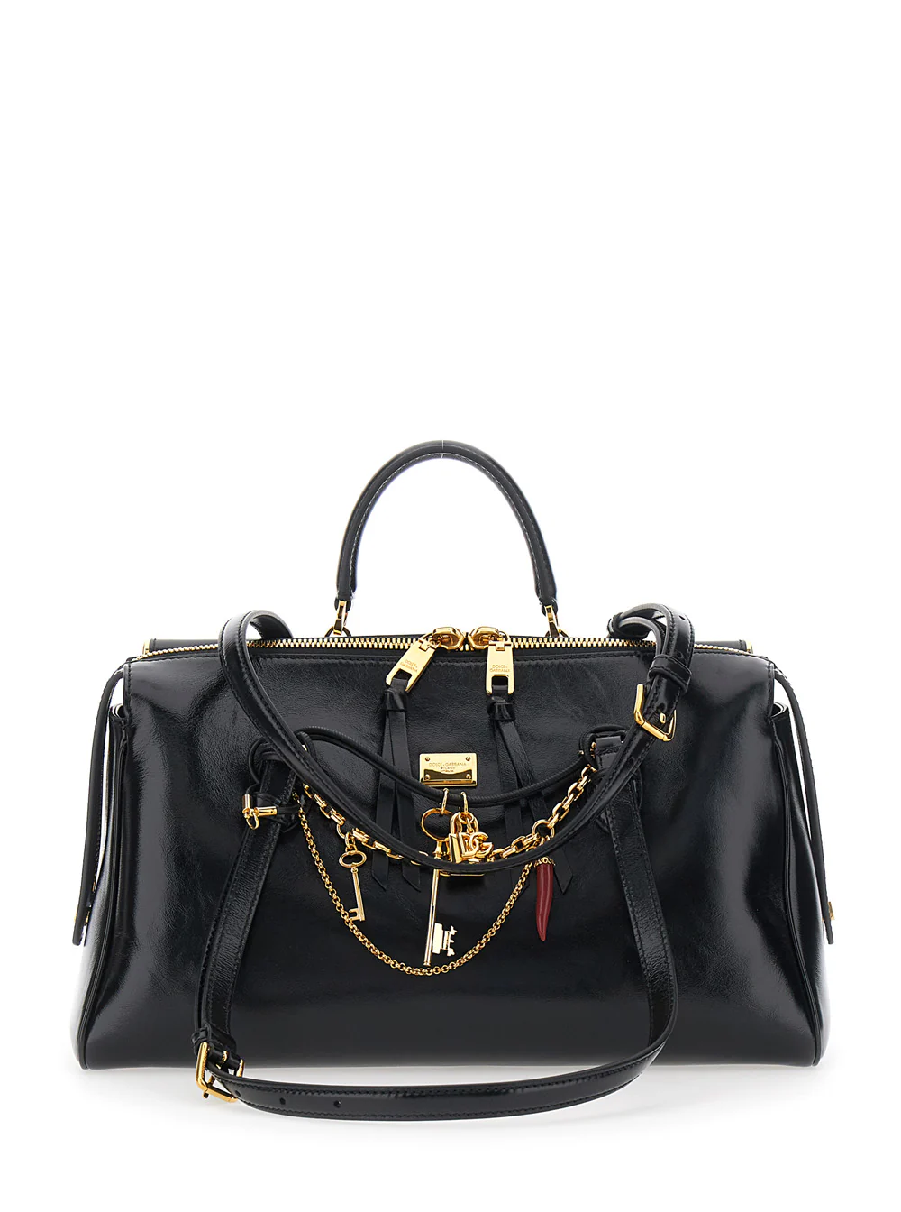 Bolsa de Ombro Preta Dolce & Gabbana Vittoria com Detalhe em Corrente e Charm na Frente em Couro para Mulheres Algodão Calf