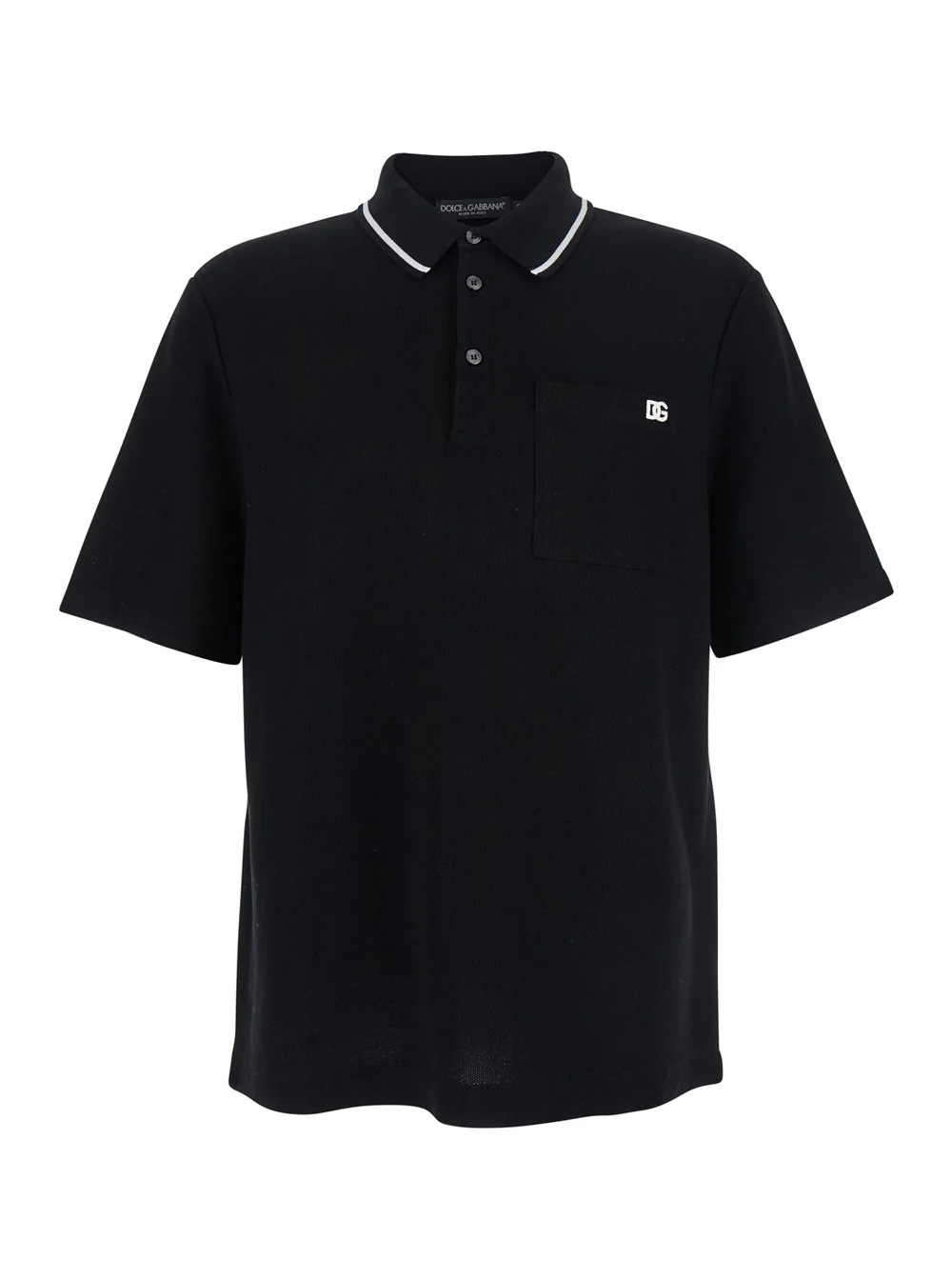 Camiseta Polo Preta Dolce & Gabbana com Gola Clássica em Contraste e Bordado de Logotipo na Frente em Camisetas de Homem em Algodão Piquet