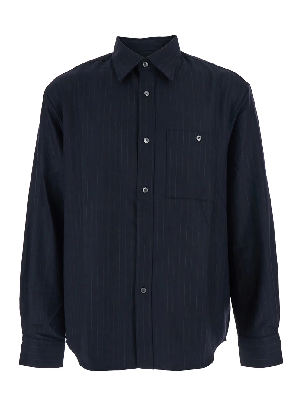 Camisa Azul com Listras Finas e Gola Pontuda em Mistura de Lã e Blusas Camisa Azul com Listras Finas e Gola Pontuda em Mistura de Lã e Blusas