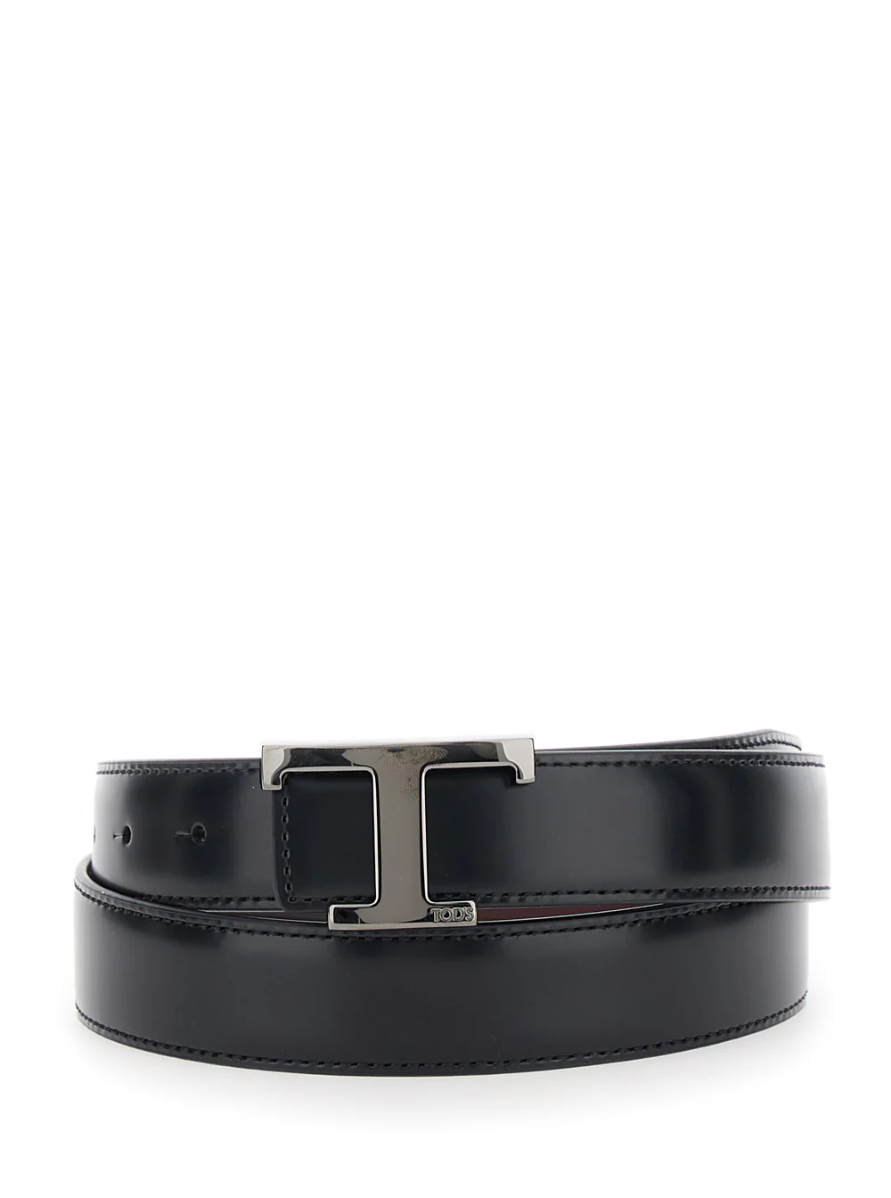 Cinto Preto Tod's com Fecho de Fivela Ajustável e Placa com Logotipo T em Couro de Novilho
