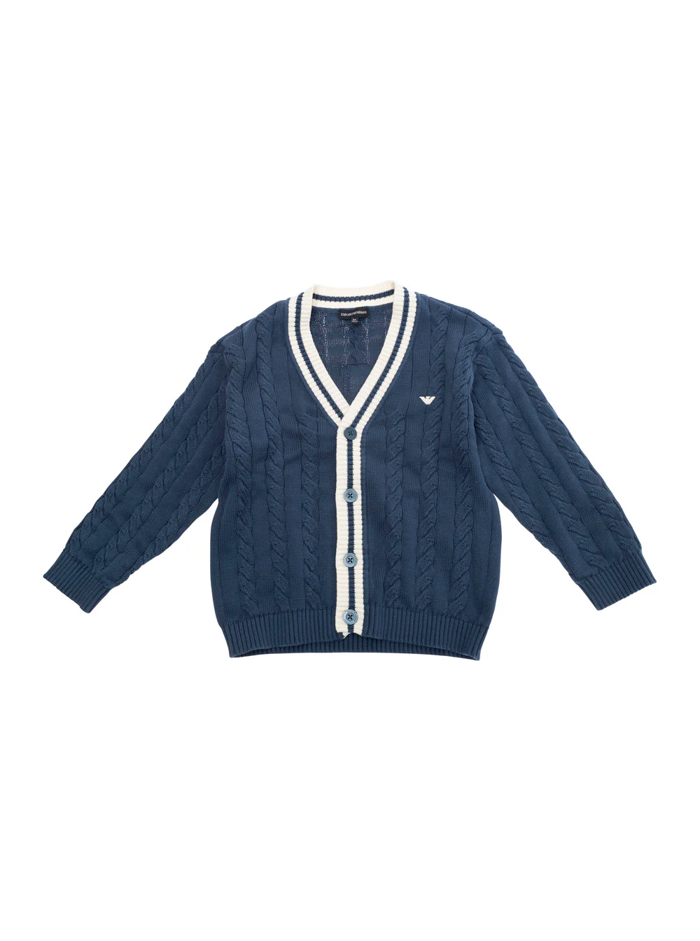 Cardigã Emporio Armani Kids Azul com Gola em V e Bordado de Logotipo na Frente Malha Azul para Menino
