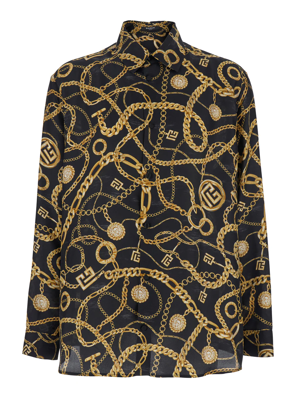 Camisa Balmain Preto com Gola Pontiaguda e Estampa de Corrente com Logotipo em Seda para Homens