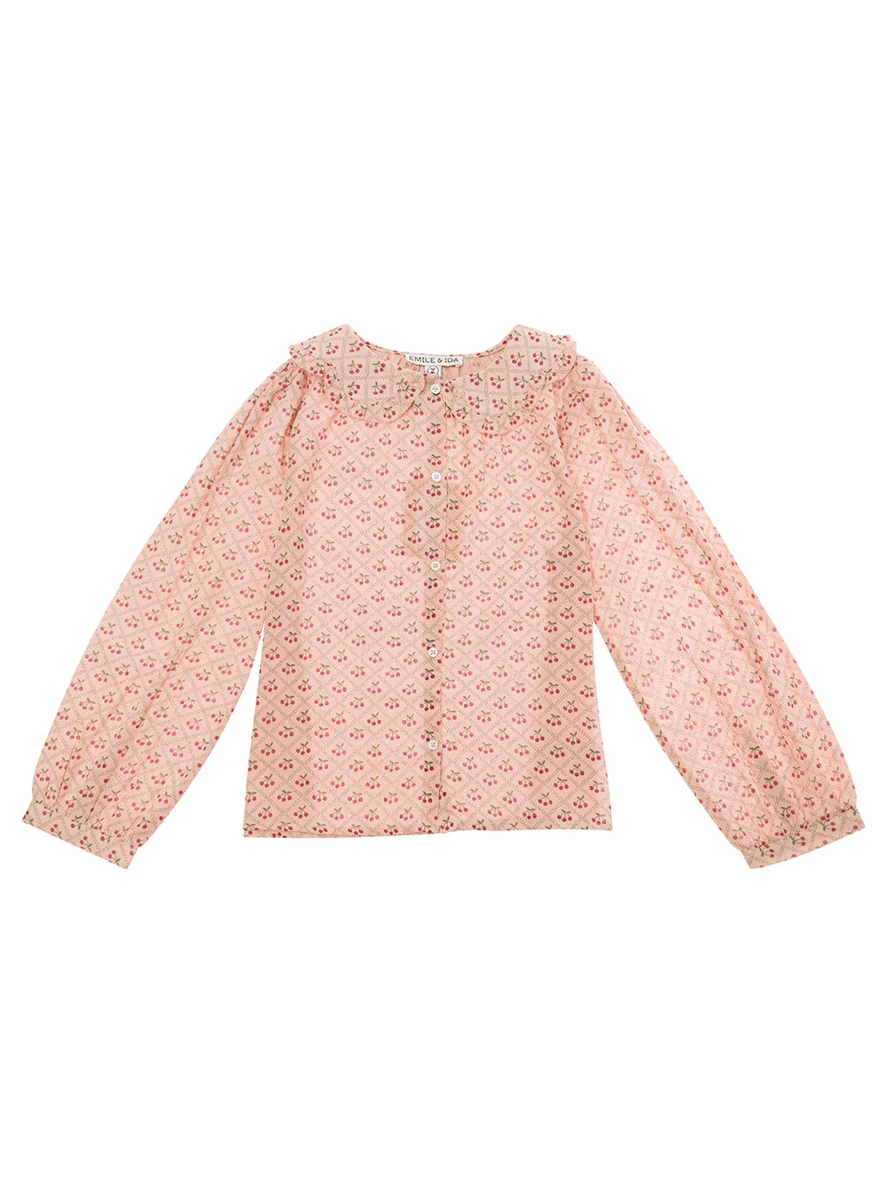 Camisa Rosa para Crianças Emile Et Ida com Gola Peter-Pan e Estampa de Cereja Blusas de Menina de Algodão