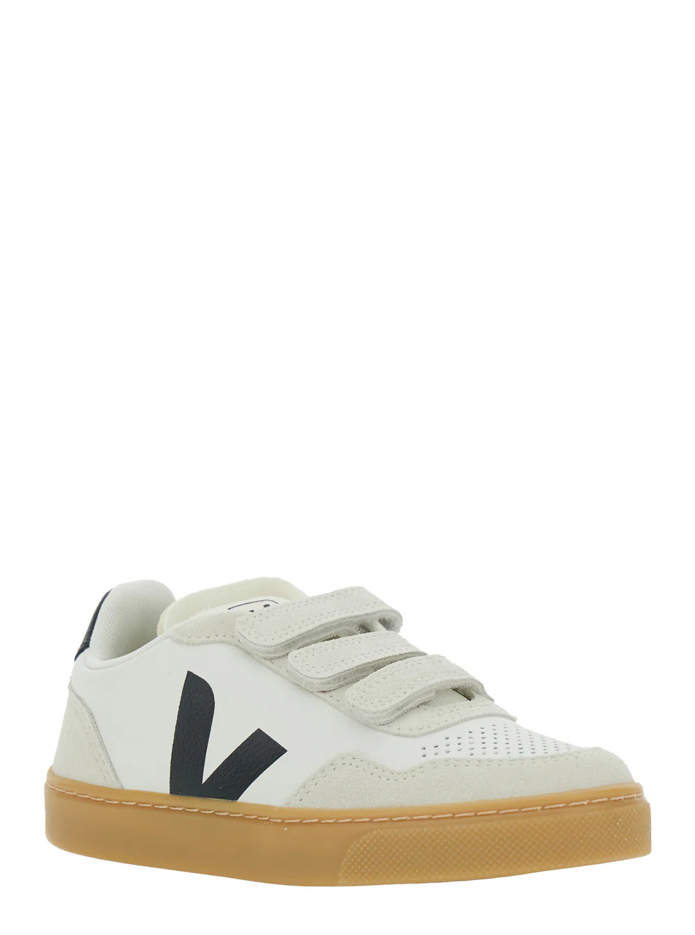 Sapatilha Veja Kids V-90 Low Top com Patch de Logotipo no Lado e Letreiro em Couro Contraste no Taloneiro para Crianças Branco Orgânico Rastreado