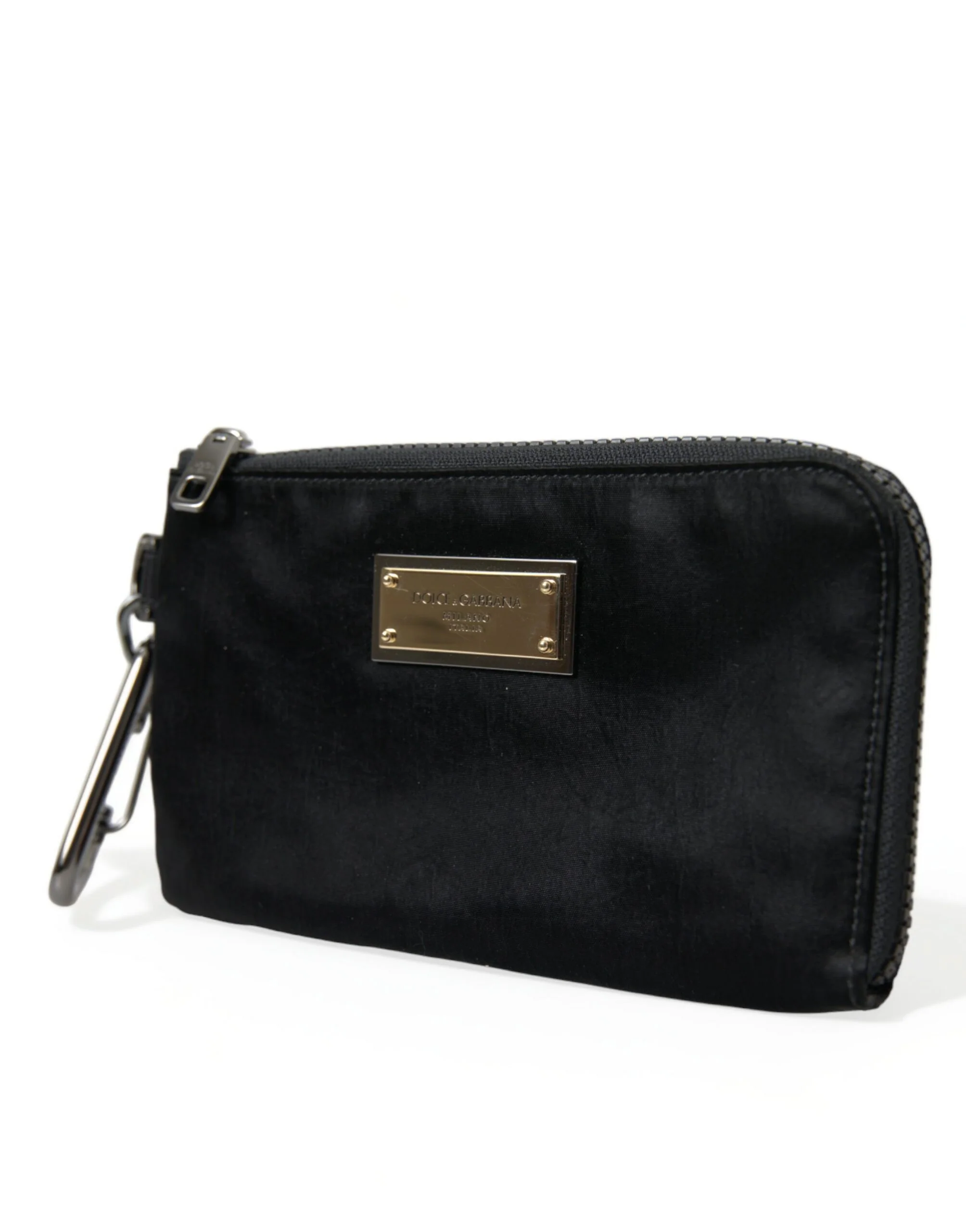 Dolce & Gabbana Bolsa de Chaveiro com Placa de Logotipo de Nylon Preto, Bolsa de Mão em Couro