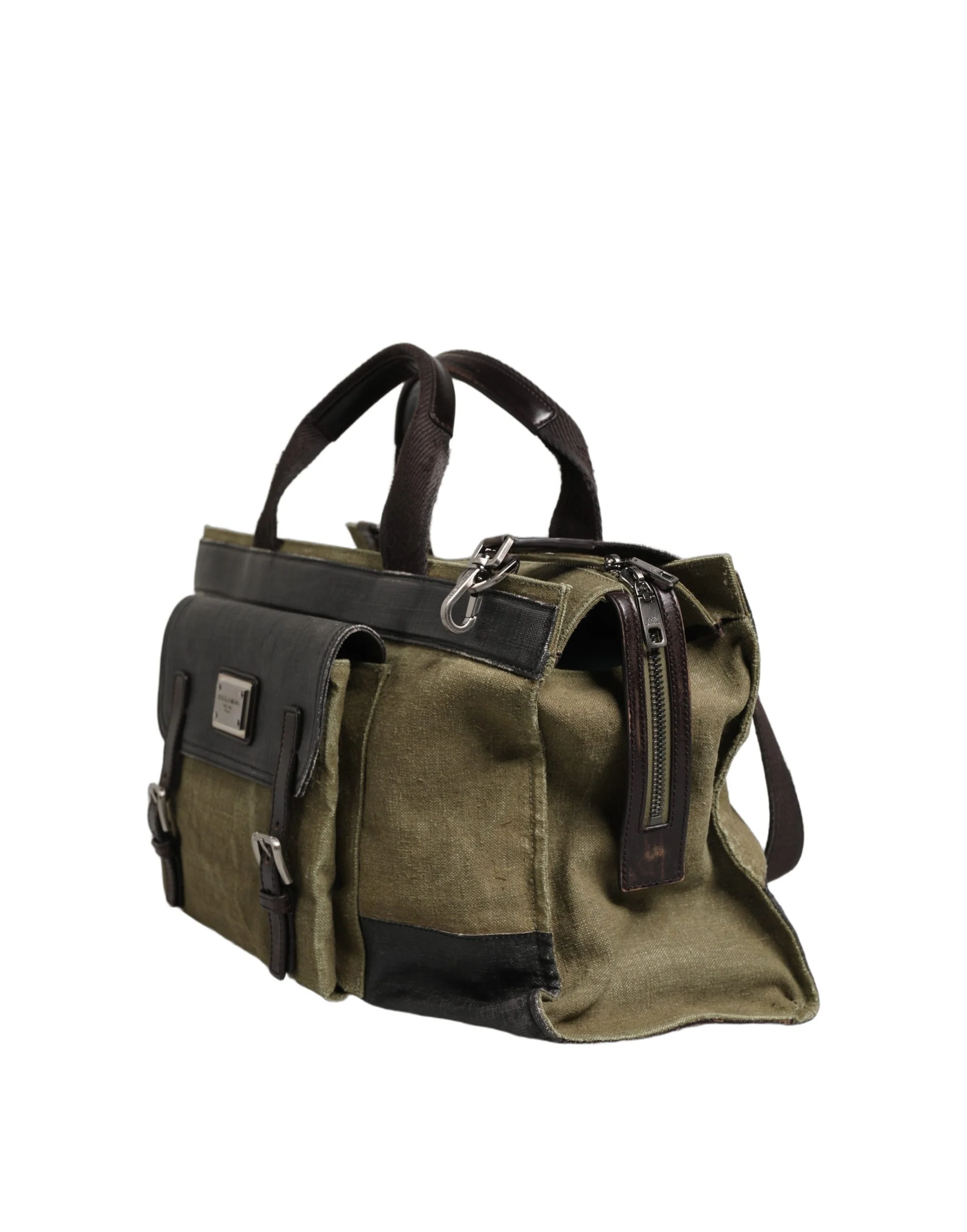 Dolce & Gabbana Bolsa Tote Militar Verde Duas Tonalidades Ombro Borse Couro Escuro