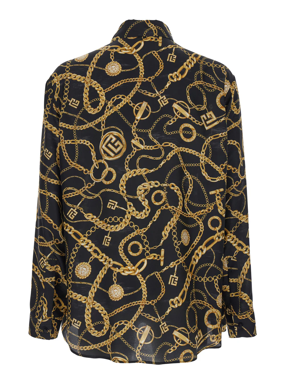 Camisa Balmain Preto com Gola Pontiaguda e Estampa de Corrente com Logotipo em Seda para Homens