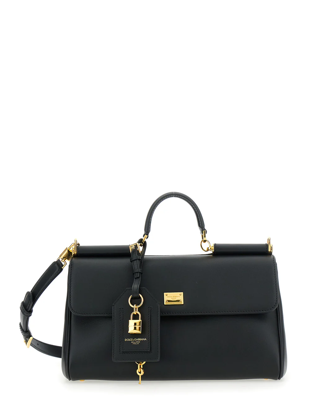 Bolsa de Mão Dourada & Gabbana My Sicily Preta Média com Detalhe de Fechadura e Alça de Ombro de Couro Ajustável Removível para Mulher Bolsas de Mão de Couro de Vitela PVC