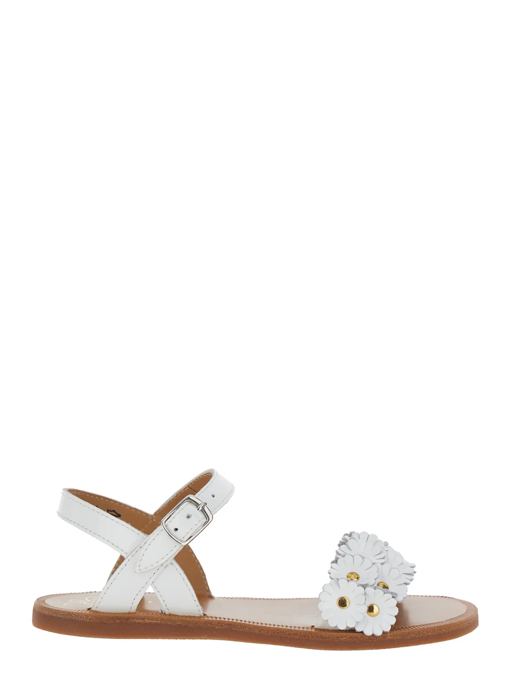 Sandalhas Brancas com Tirantes Ajustáveis em Couro para Mulheres - Sapatos Planos de Criança Pom D'Api Kids PLAGETTE MULTI FLO VERNIS