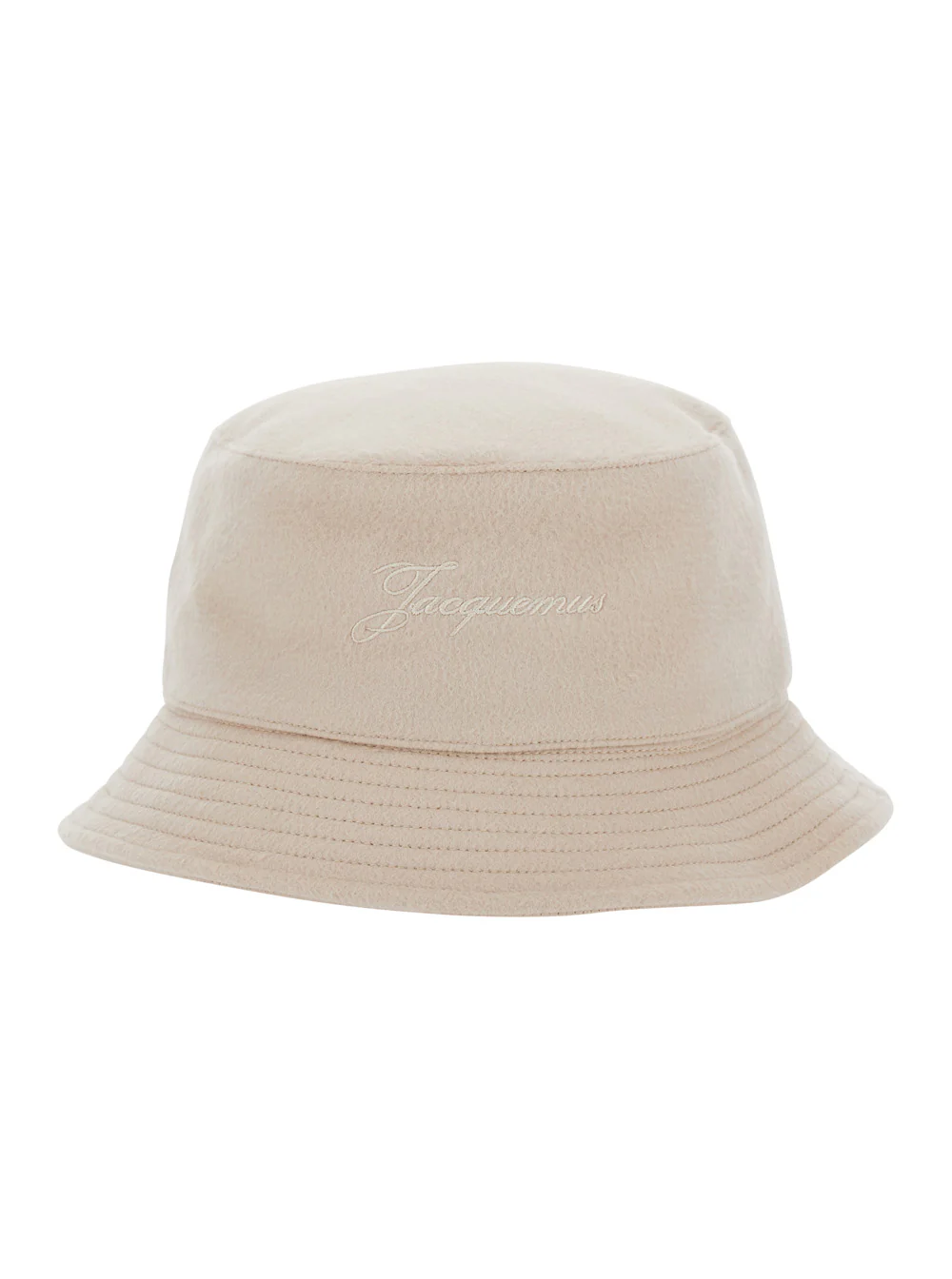 Jacquemus Le Bob Chapéu de Balde Bege com Letras de Logotipo Bordadas na Frente e Bordo Riscado em Malha de Lã com Luvas de Lã Virgiin