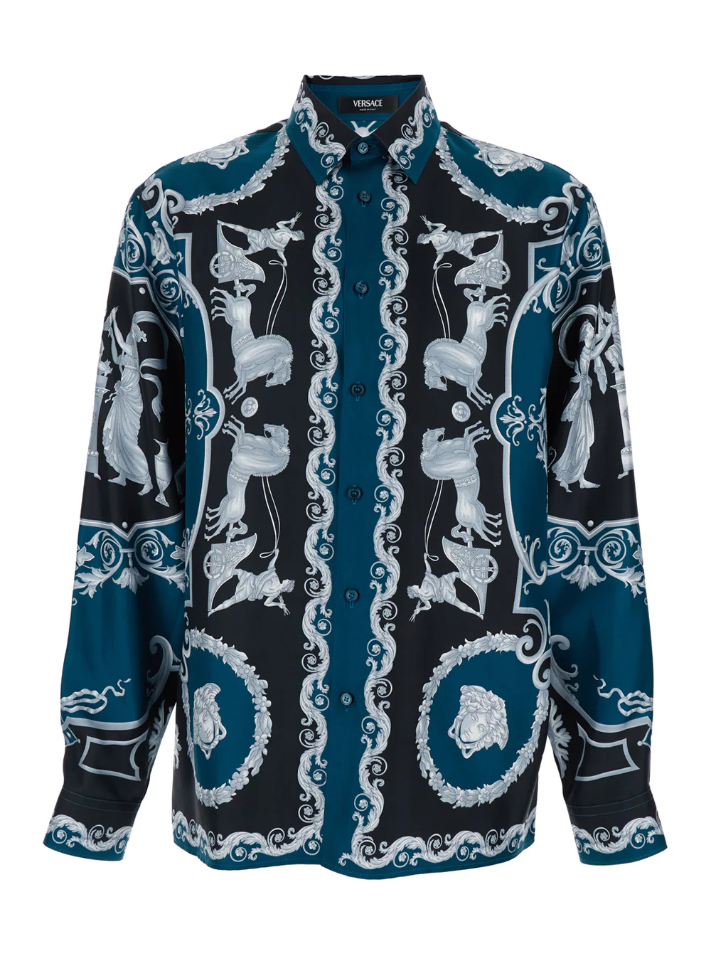 Camisa Azul Versace com Gola Clássica e Estampa de Seda em Todo o Tecido para Homens Blusas Azuis