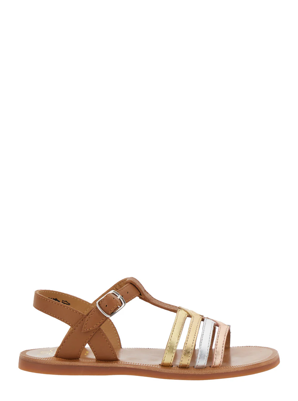 Sandalha Pom D'Api Kids Plagette Nova Salome Marrom com Dedo Aberto e Detalhes em Faixa em Couro, Sapatos Planos para Menina