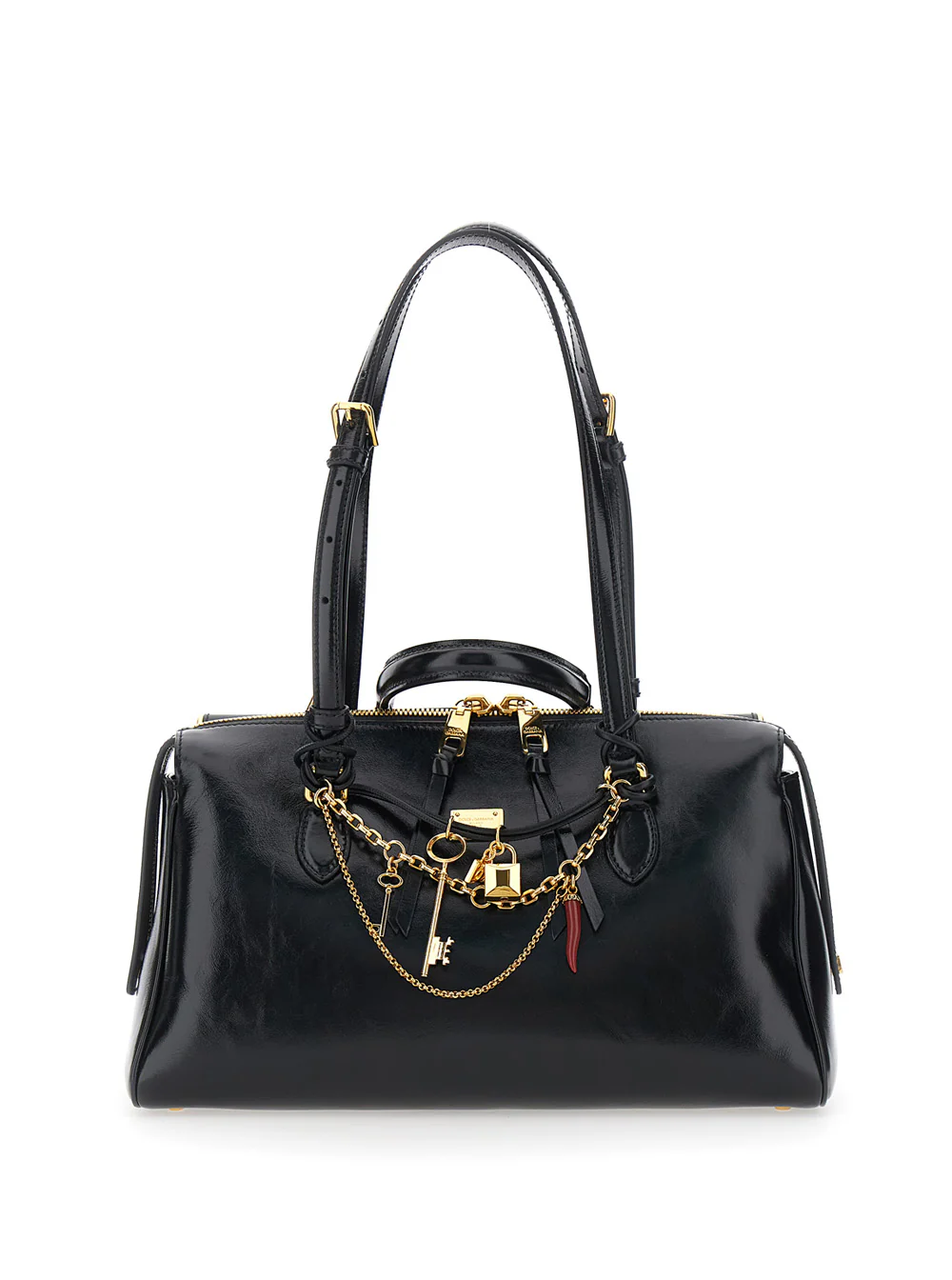 Bolsa de Ombro Preta Dolce & Gabbana Vittoria com Detalhe em Corrente e Charm na Frente em Couro para Mulheres Algodão Calf