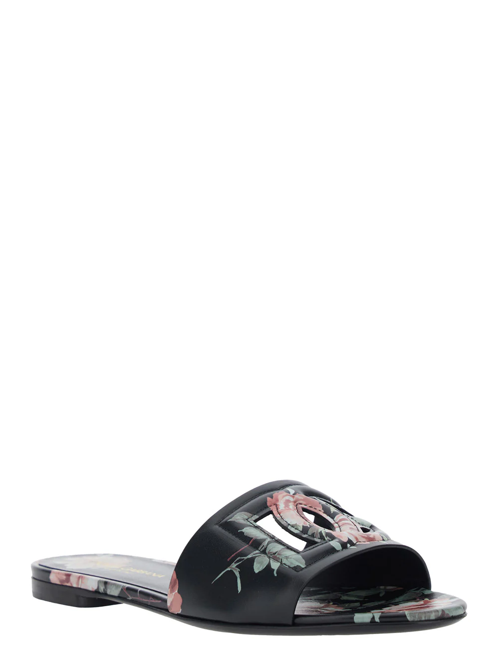 Sandalas de Couro Pretas Dolce & Gabbana com Logotipo DG em Cortes e Motivo Floral para Mulheres, Sapatos Planos de Cordeiro, Ovelha e Novilho