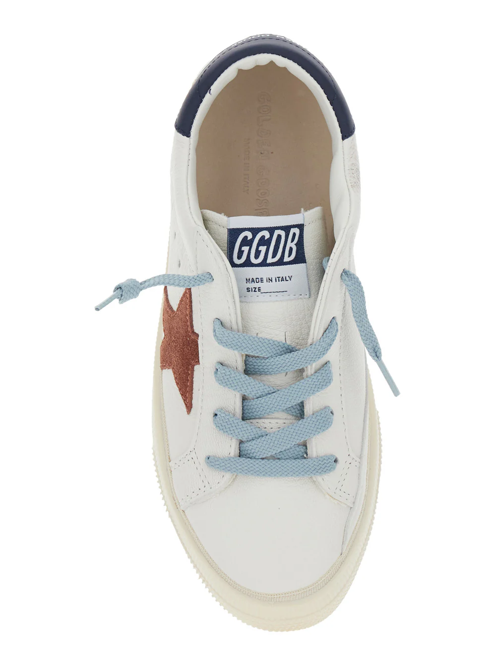 Sapatilha Golden Goose Kids May Low Top com Patch de Estrela no Lado e Lingueta com Logotipo em Couro Branco para Crianças, Couro de Cabra