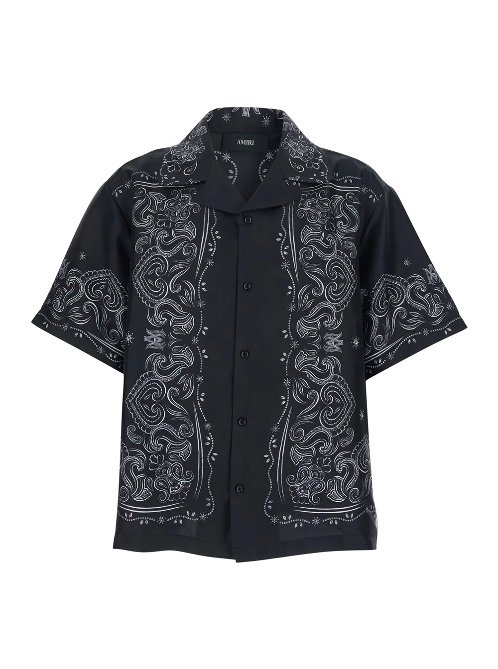 Camisa Amiri Preto com Gola Cubana e Estampa de Bandana em Todo o Tecido em Blusas de Homem de Seda