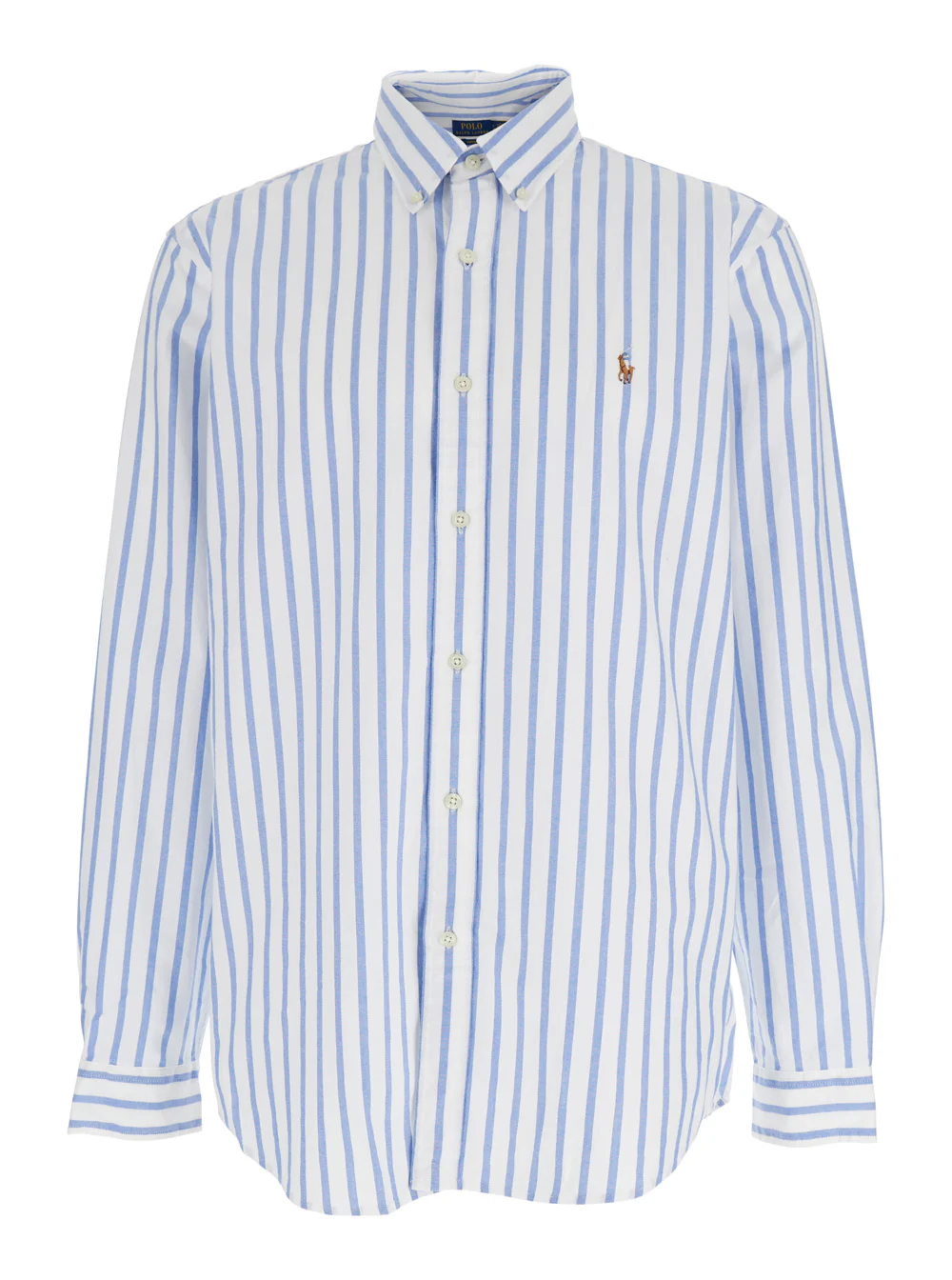 Camisa Polo Ralph Lauren Azul Claro com Embroideria de Cavalo na Frente e Motivo Listrado em Todo o Tecido em Algodão para Blusas Masculinas
