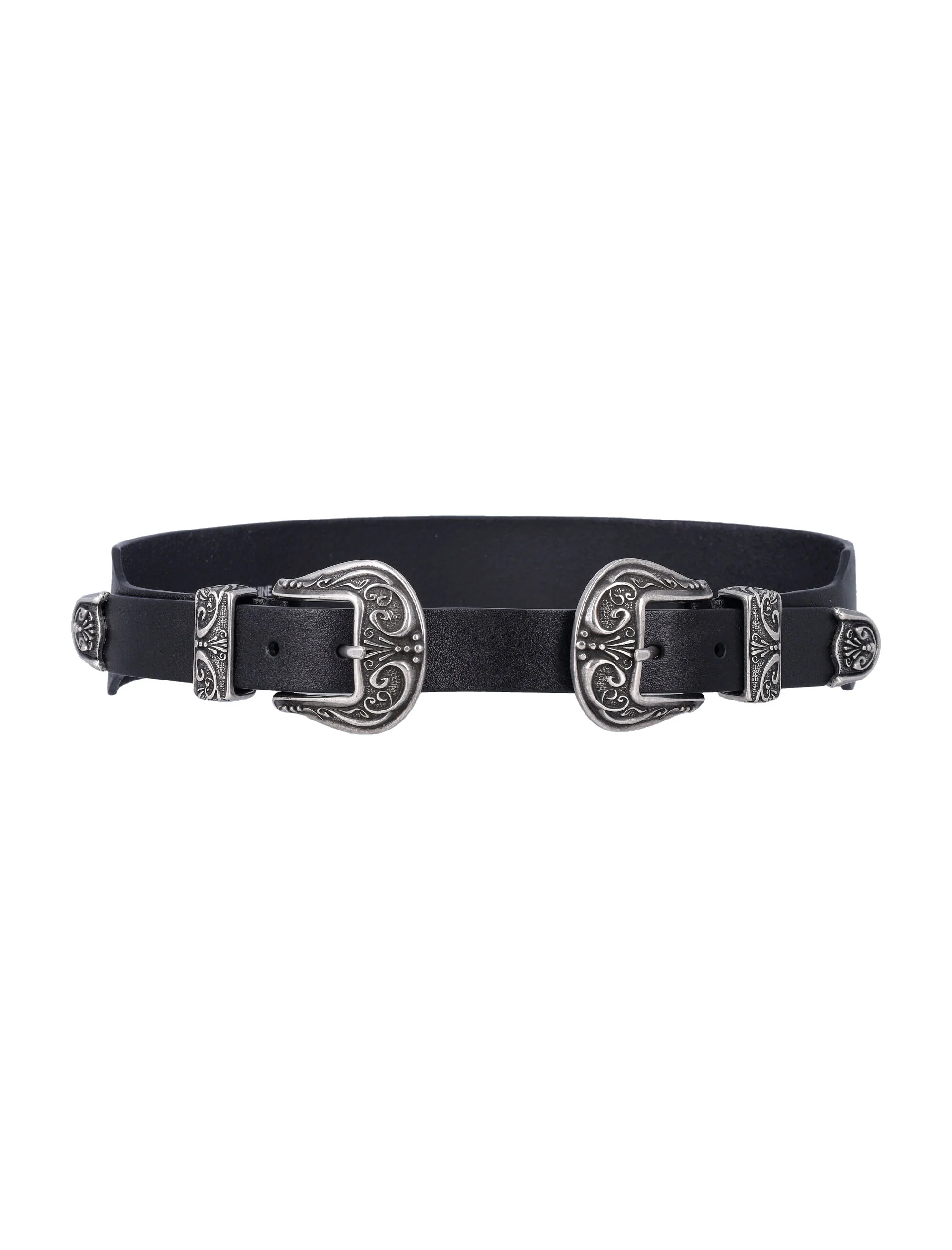Cinto de couro lavado preto Golden Goose com fivela dupla prateada Cow