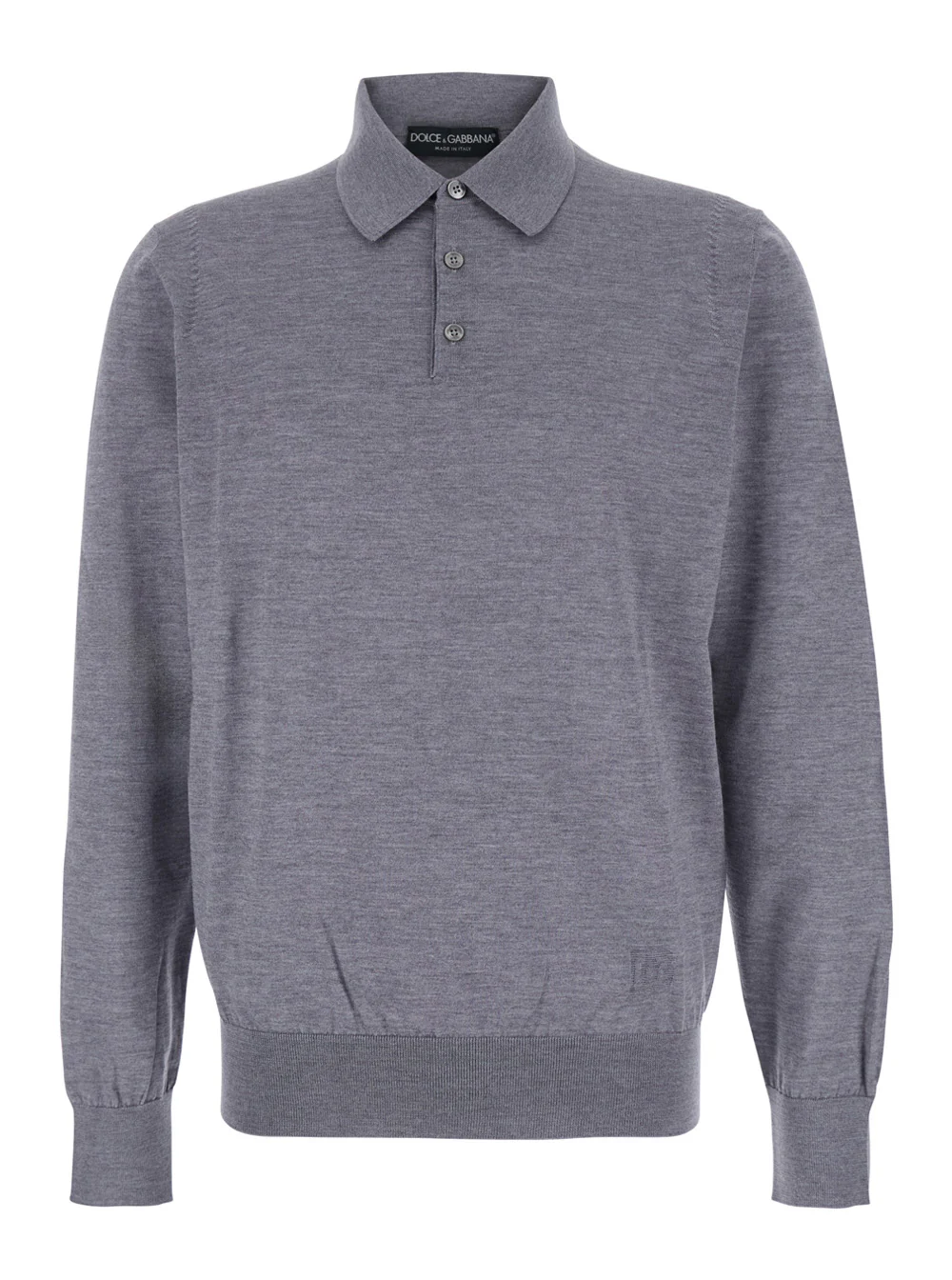 Camisola Polo Cinza Dolce & Gabbana com Gola Clássica e Bordado de Logotipo Tonais na Frente em Malha de Lã Virgem Camisola Polo Cinza Dolce & Gabbana com Gola Clássica e Bordado de Logotipo Tonais na Frente em Malha de Lã Virgem