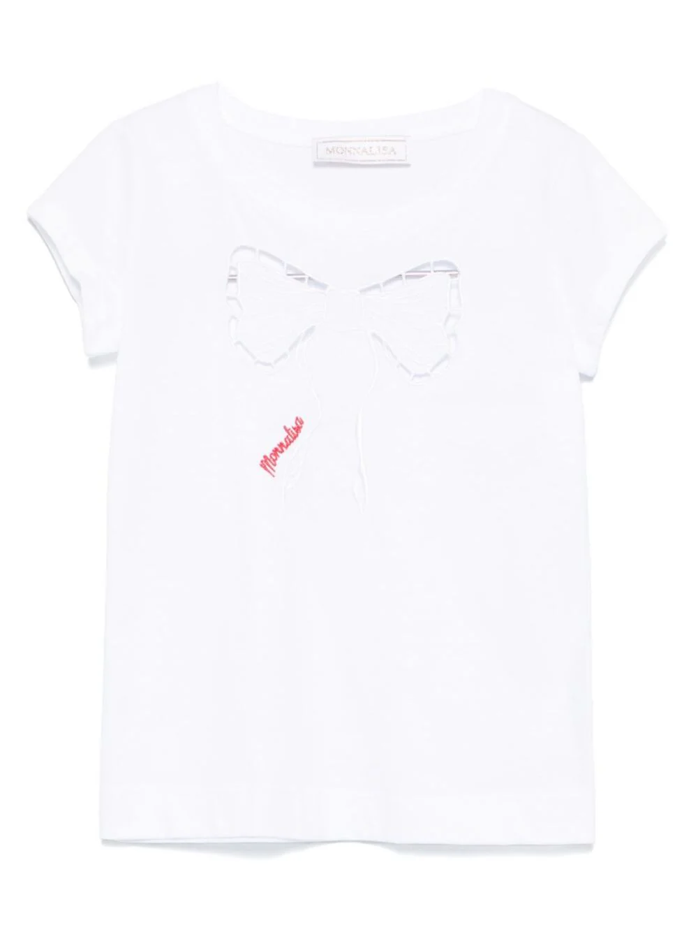 Camiseta Infantil Branca com Gola Redonda e Bordado de Laço na Frente e Letras de Logotipo em Algodão para Meninas Camisetas Polo