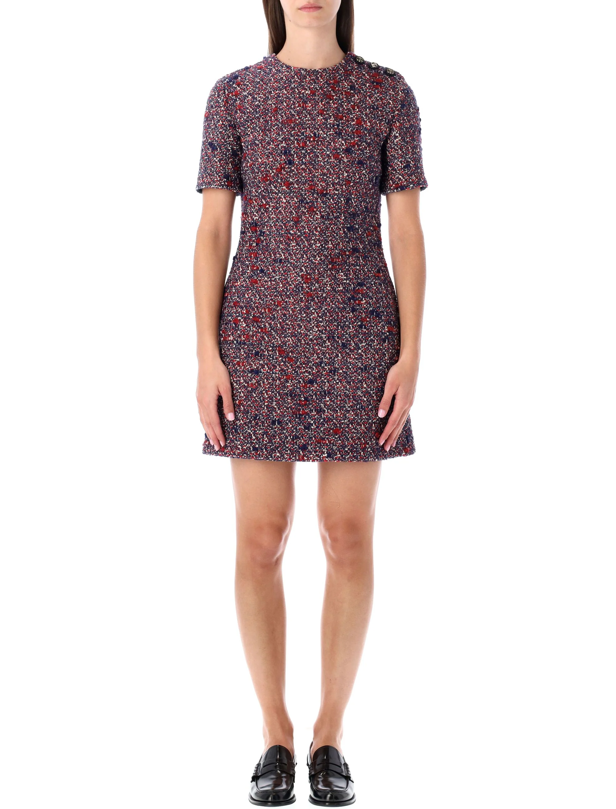 Vestido Mini de Manga Curta Tweed Gucci Azul Vermelho Multicolor Lã