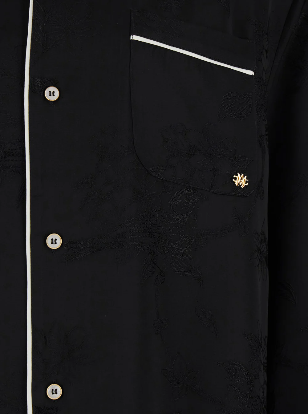 Camisa Preta de Manga Comprida Amiri com Gola Cubana e Bordado Floral em Tom-Com-Tom em Viscose para Blusas Masculinas