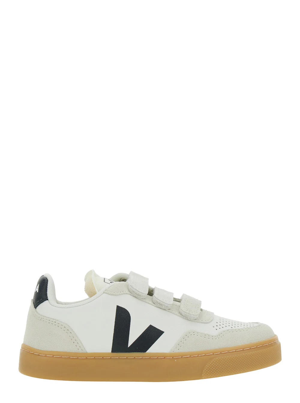 Sapatilha Veja Kids V-90 Low Top com Patch de Logotipo no Lado e Letreiro em Couro Contraste no Taloneiro para Crianças Branco Orgânico Rastreado