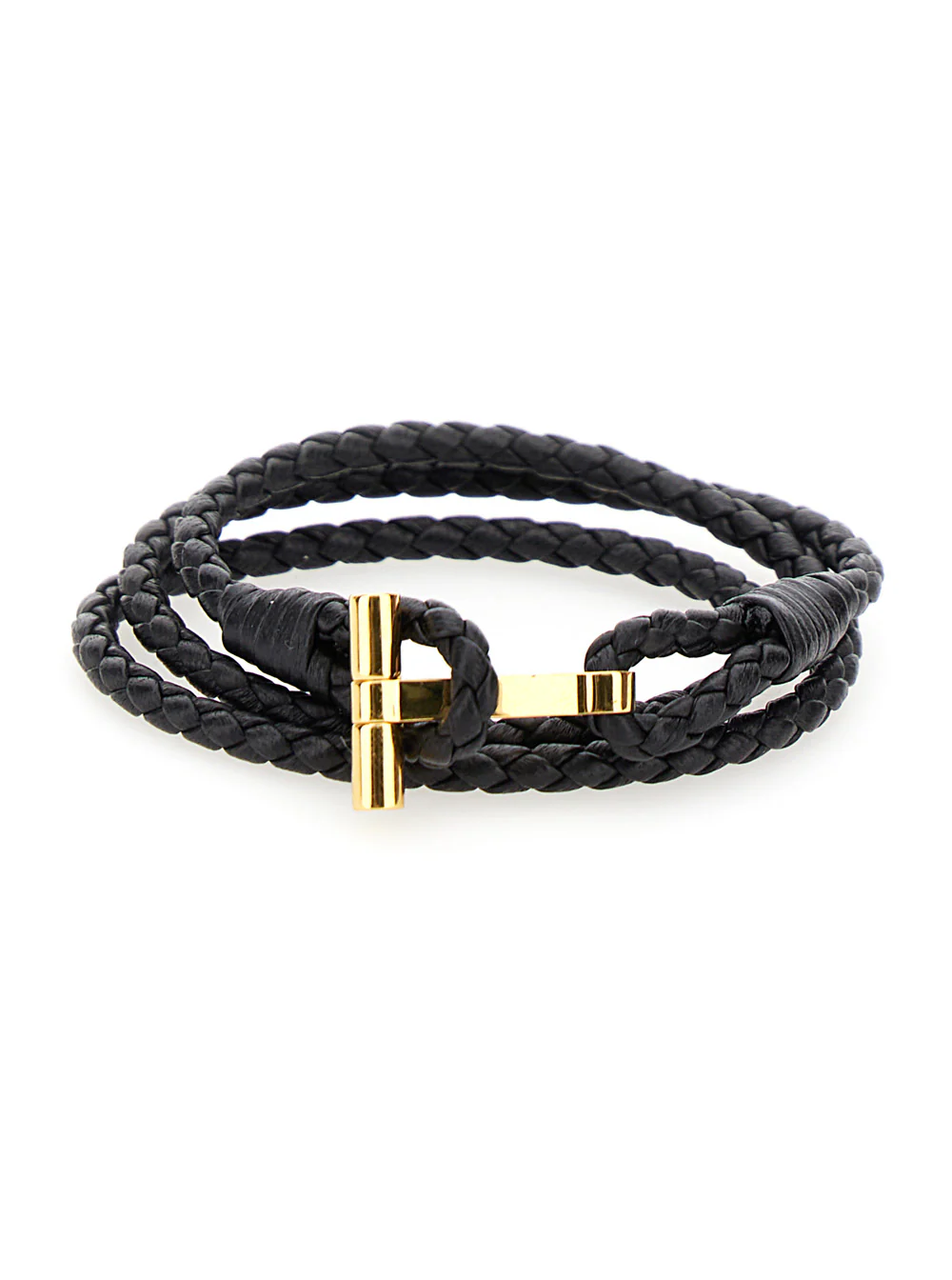 Pulseira Tom Ford Preto com Detalhe T em Couro Trançado para Homens