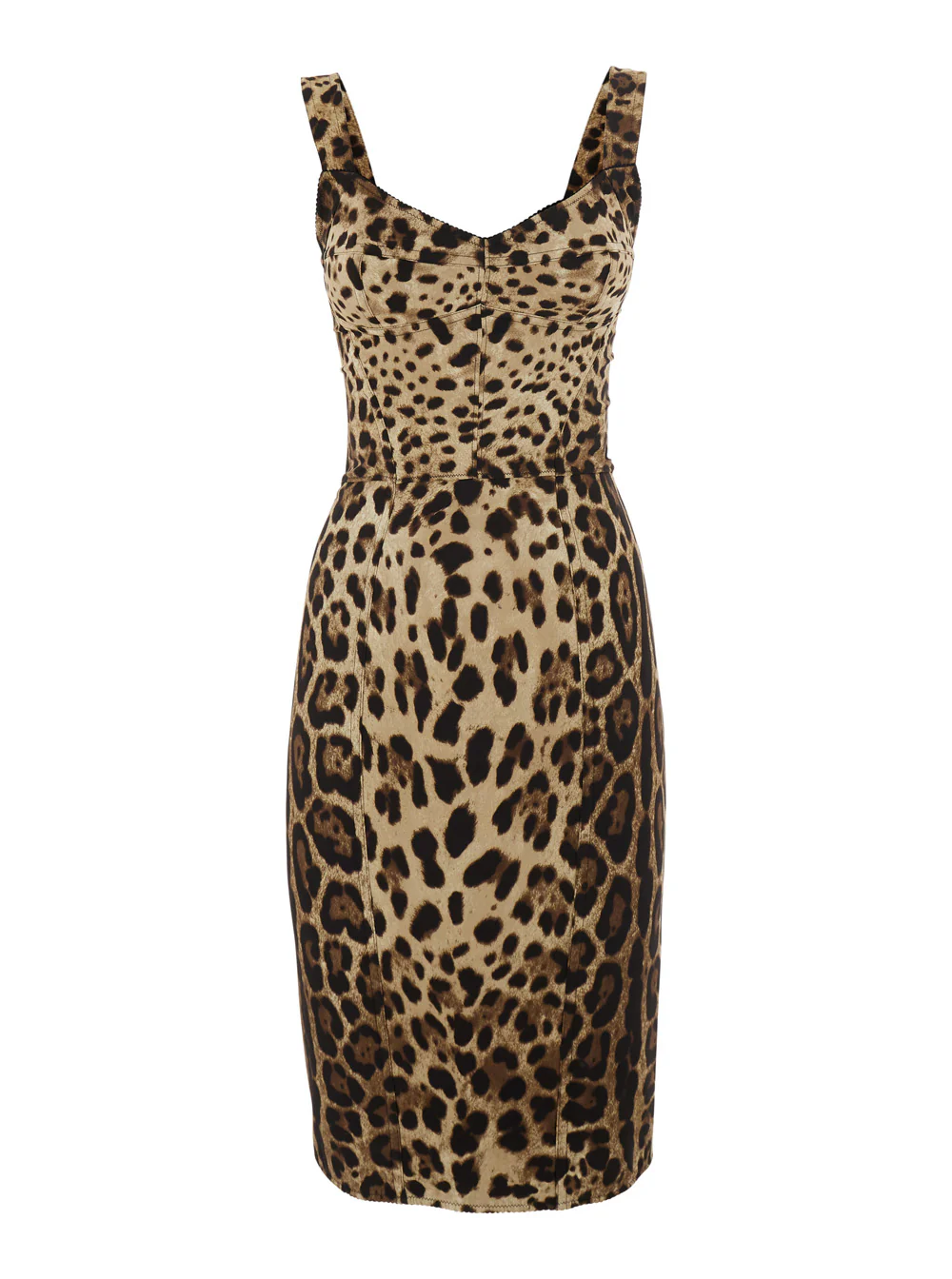 Vestido Midi Marrom Dolce & Gabbana com Decote em Forma de Coração e Motivo Leopardo na Frente em Mistura de Seda Elástica para Mulheres