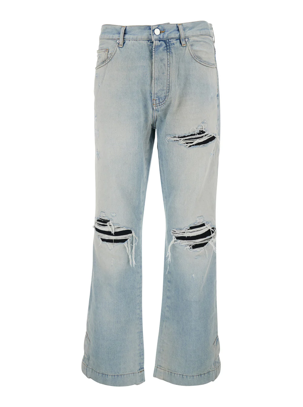 Calças de Denim Azul Claro para Homem Amiri com Detalhes de Rasgaduras e Patch com Logotipo na Parte de Trás de Algodão