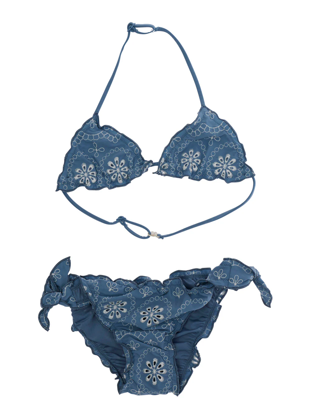 Biquíni Mc2 Saint Barth Kids Cris com Decote em V e Detalhes em Broderie Anglaise Azul Beachwear