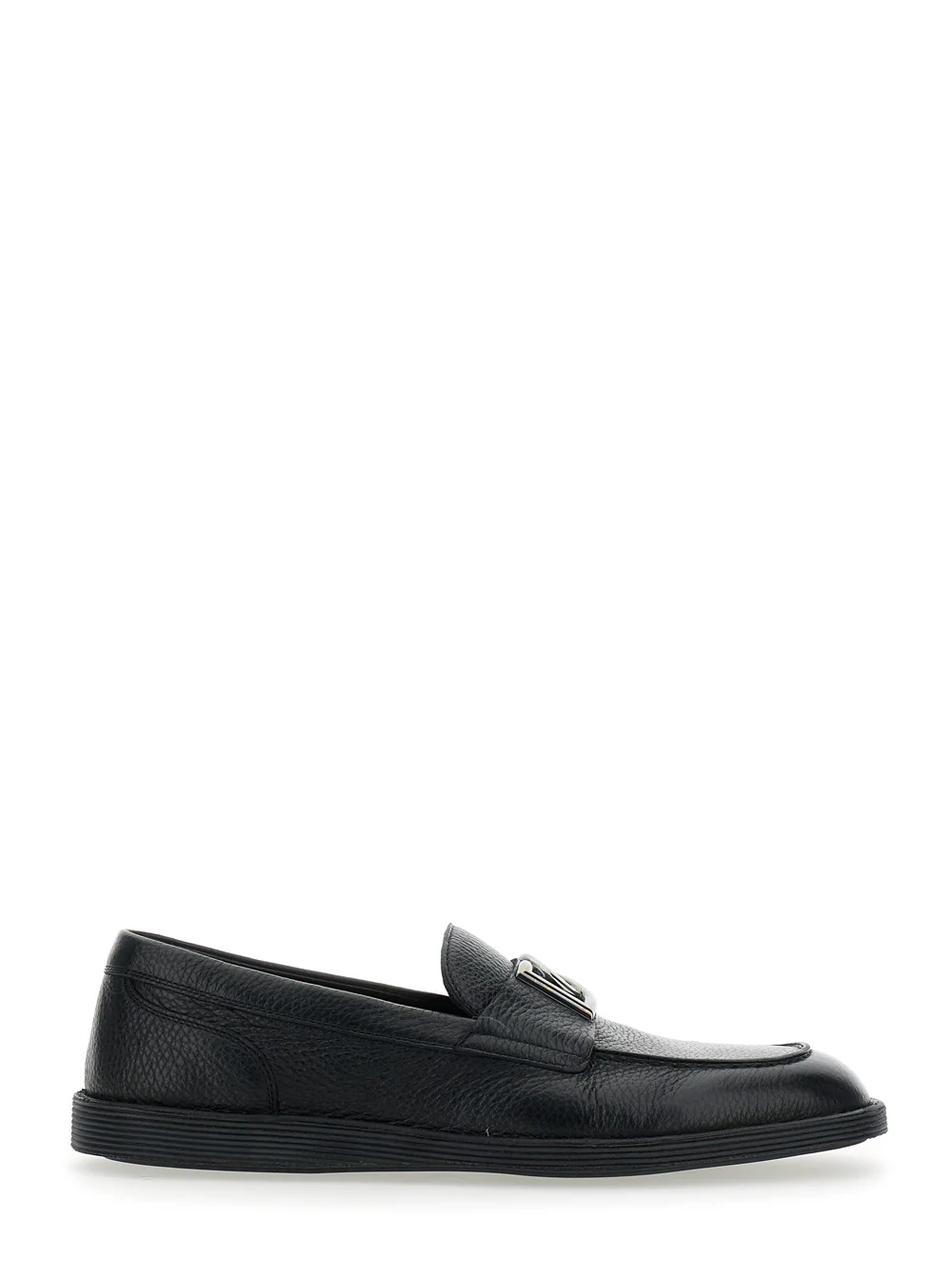 Loafers Pretos Dolce & Gabbana Florio com Placa DG na Frente em Couro Granulado Homem Veado