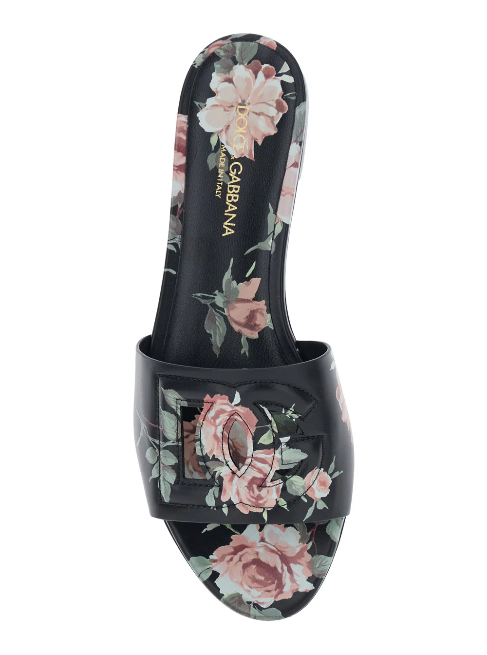 Sandalas de Couro Pretas Dolce & Gabbana com Logotipo DG em Cortes e Motivo Floral para Mulheres, Sapatos Planos de Cordeiro, Ovelha e Novilho
