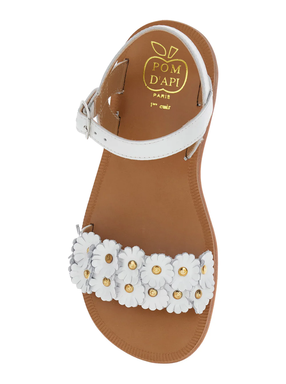 Sandalhas Brancas com Tirantes Ajustáveis em Couro para Mulheres - Sapatos Planos de Criança Pom D'Api Kids PLAGETTE MULTI FLO VERNIS